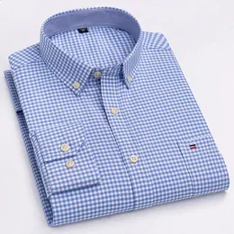 S ~ 7XL Mens Moda Casual Camisa Manga Longa Puro Algodão Oxford Respirável Xadrez Listra Negócios Sociais Roupas Masculinas 240329