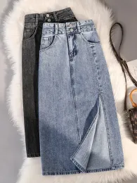 Klänningar vintage hög midja dubbel sida slits denim kjol mode ficka smal tvättad jean kjol casual streetwear denim midi kjolar