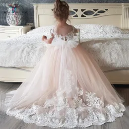 Spets Applique långa ärmar Flower Girl Dresses First Communion Ball Gown Robe Mariage Enfant Fille 240313