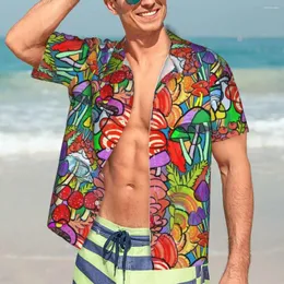 Camicie casual da uomo camicia da funghi colorate durante la notte una novità foresta a maniche corte hawaiane beach design di oversize