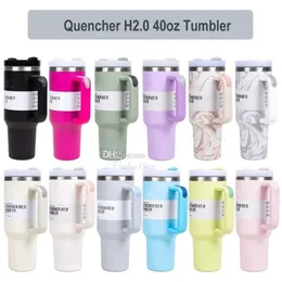 1pc Quencher H2.0 40oz 손잡이 뚜껑과 빨대가있는 40oz 스테인레스 스틸 텀블러 / 40 온스 여행 하비화 머그잔 절연 워터 맥주 컵 멋진 버디 품질 보증