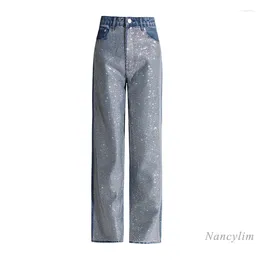Kvinnors jeans fashionabla och trendiga avslappnade byxor för kvinnor hög midja rak diamant inbäddad tung industridesign våren