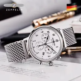 손목 시계 Zeppelin Watches Mens 독일 남성 시계 크로노 그래프 쿼츠 비즈니스 비즈니스 캐주얼 스테인레스 스틸 밴드 방수 캘린더 날짜 전체 기능 사파이어