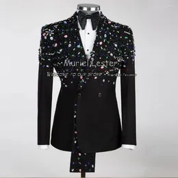 Męskie garnitury czarny ślub kolorowy kamień szlachetny z koralikami Tuxedos krawiec wykonany 2 sztuki Blazer moda sukienka Homme