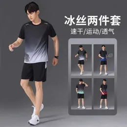 Roupas masculinas de seda gelo secagem rápida conjunto de roupas esportivas verão manga curta camiseta shorts treinamento equipamentos corrida