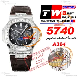 5740 Perpetual Calendar A324SC Automatic Mens Watch TWF Diamonds Bezel Gray Texture Stick Dial Brown Leather Strap Super Edition Reloj Hombre Puretimewatch PTPP