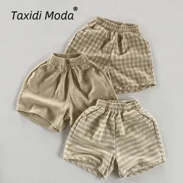 Cotton Linen Thin Plaid Summer Kids Shorts Pants Casual Boy Girls Short Trousers Toddler Wear Children Clothes For 1-8Y 240305