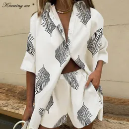 Summer Bearch Suit Women Leaf Printed Two Piece set Elegant casual Lapel Single Breasted Shirt Loose Pants Shorts outfit set 240311