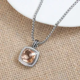 Women Necklace 14mm Square Morganite Zircon And Pendants Copper Neck Box Chain Vintage Jewelry Accessories for Party 240311