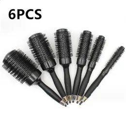 6 teile/satz Schwarz Wildschwein Borsten Runde Haar Kamm Professionelle Friseur Haar Pinsel Anti-Statische Barber Salon Styling Werkzeuge 240314