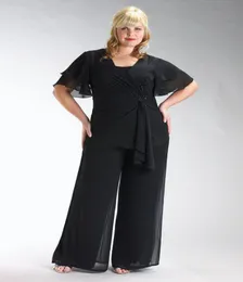 Matrimoni Eventi 2018 sexy chiffon nero due pezzi pantaloni eleganti per la madre Gilet Giacca ripiegabile sul retro con cerniera borsa posta economica a maniche corte 1026135