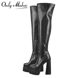 Boots Onlymaker Over the Knee Boots Women Black Mate Thick Platform High Heels Side Zipper Punk Style Square Toe Fashion Party Boots