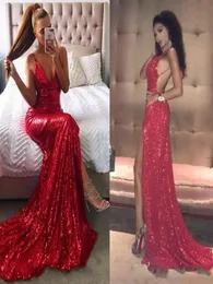 2019 Seksowne Criss Cross Backless Red Cequined Sukienki balowe syrena spaghetti Paski V Długie dzielone suknie wieczorowe Tanie BA81591783527