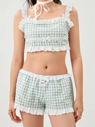 Kvinnors träningsdräkter Chronstyle Women Plaid tryck 2 stycken Summer Set Square Neck Lace Trim Justerbar rem Camis toppar Elastiska midjeshorts