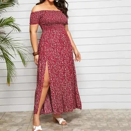 Vestido Maxi Plus Size Elástico no Peito Envolvido Costura Fina Longo Estilo Bohemia Fora do Ombro 240312