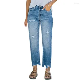 Damen Jeans Mode gebrochene Löcher gerade Frauen Street Style hohe Taille Knopf Denim Hosen weiblich bequeme Freizeithosen waschbar