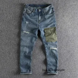 Jeans da uomo 2024 Primavera ed estate Design Sense Cuciture Tasca Strappata Pantaloni dritti da uomo alla moda 3
