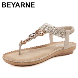 Sandals BEYARNE Women's Flat Sandals Water drill flower Non Slip Flat Shoes Wood Bead Elastic Band Solid Color Leisure Summer Sandals