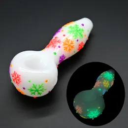 1 unidade, 4 pol., tubo de vidro colorido desenhado à mão, padrão de neve de desenho animado com brilho no escuro, tubo de jade branco, bongos de vidro de borosilicato, cachimbo de água de vidro, acessórios para fumar