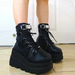 샌들 Bonjomarisa 2021 브랜드 플랫폼 디자이너 Goth Cool Motorcyle Women Boots 부츠 펑크 스트리트 Zipper Elastic Band Black Ladies Shoes