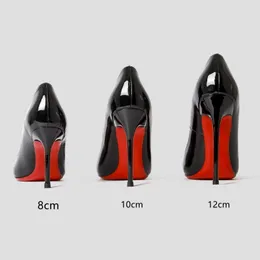 Designerskie kobiety buty na wysokim obcasie czerwone lśniące dno 6 cm 8 cm 10 cm 12 cm cienkie obcasy spiczasty czarny patent skórzany pompki z czerwoną zamszową torbą 34-44