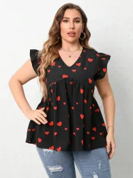 Tops simples feminino sentido coração impresso plus size topos para mulheres preto com decote em v manga voadora tshirts casual solto temperamento outfit