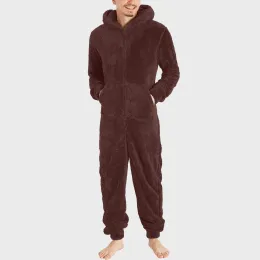 Calça homens de manga longa de pijamas quente zíper sólido casual macacão solo com capuz pijama casual inverno quente roupas de dormir para homem