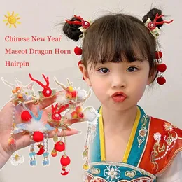 Acessórios de cabelo borla crianças hairpin vermelho all-match arco mascote dragão chifre hanfu varas flor bowknot ano chinês headwear meninas