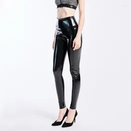 Stage Wear Donna Lucida Ecopelle Stretta Pantaloni sexy metallizzati Legging Vita alta Pantaloni effetto bagnato Glitter Skinny Nero Streetwear