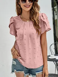 T-shirt da donna T-shirt estiva 2024 Moda Jacquard con scollo a V Camicette a maniche corte Elegante camicia da lavoro da ufficio Camicia da donna casual Top in chiffon