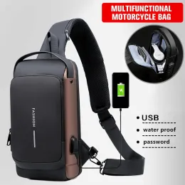 Bolsas criativas USB Charging Sport Sling Bag Macho Antitheft Saco de peito com trava de senha com saco de corrida de ombro ajustável