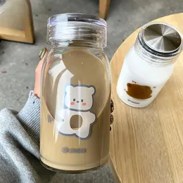 450 ml Nette Cartoon Bär Glas Wasser Flasche Dicke Hitzebeständigkeit Trinkflaschen Milch Kaffee Becher für Frauen Student 240314