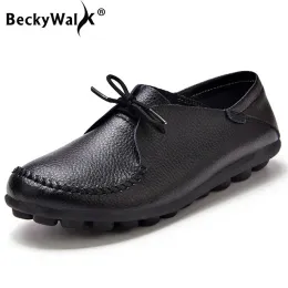 Boots Beckywalk بالإضافة إلى حجم نساء أحذية الدانتيل من الجلد الأصلي شقق الربيع الخريف الخريف أحذية SAPATO Feminino WSH2707