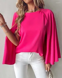 Blusas femininas topos elegante camisa de trabalho casual 2024 verão moda cor sólida em torno do pescoço manto manga longa topo férias túnica