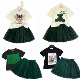 Garotas vestidos de luxo para crianças designers de designers bebês garotas de princesa vestido de duas peças para crianças roupas 2 pcs moda gaze fofa saia curta