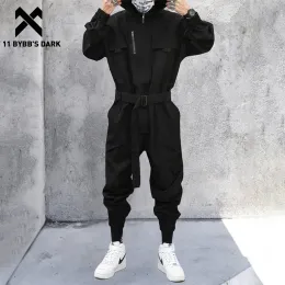 Overaller 11 bybbs mörka funktion multi fickor huva last jumpsuit män harajuku hiphop kreativitet sashes bant män byxor streetwear