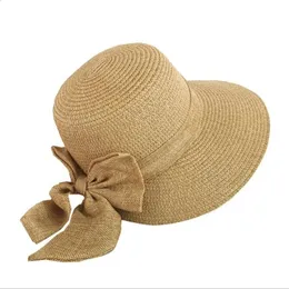Womens Sun Hat Big Bow Wide Brim Floppy Summer Hats For Women Beach Panama Straw Bucket Hat Sun Protection Visor Femme Cap 240314