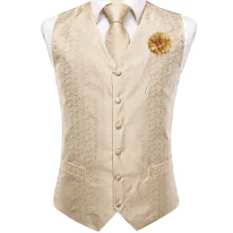 Vests Hitie Men Silk Vests 고급 샴페인 Paisley Waistcoat Neck Tie Hanky ​​CuffLinks Brooch Set Suit Wedding Party Designer