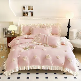 Set di biancheria da letto Rosa stereoscopico lavoro manuale fiori ricamo pizzo volant stile coreano ragazze set copripiumino lenzuolo federe