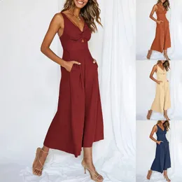 V Neck Cutout Highwaist Jumpsuits Women Sexig Backless Hollow Sleeveless Elegant Wide Leg Jumpsuit 240313