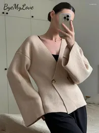 Malhas femininas ByeMyLove Mulheres Sólidas V Neck Único Botão Cardigan Manga Longa Flare Ruched Jumper Moda High Street Sweater