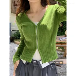 Women's Knits Cropped Cardigan Women V Neck Covered Button Solid Stretch Thin Spring Long Sleeve Knitted Tops Casual Lady Sweater 2024 Y2k