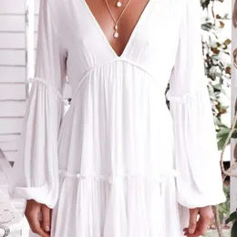 2024 New White V-neck Lantern Sleeves Dress