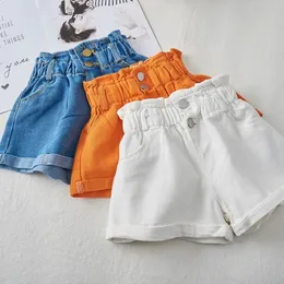 Verão denim shorts para meninas cintura alta elástica criança meninas adolescentes crianças jeans hem moda azul branco crianças calça 240305