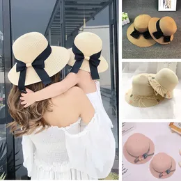 Summer Straw Hats for Beach Mom and Daughter Sun Panama Simple Bow Kid Girl Lady Sunshade Bohemia Vocation Cap 240309