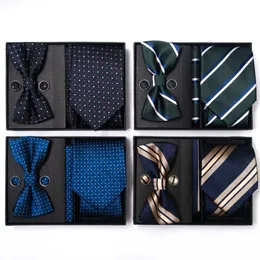 Business Blue Neck Ties For Mans Kerchief Cufflinks Butterfly Bowtie Wedding Accessories Gift Box Set