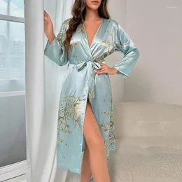 Frauenschlaf Lounge Frauen Nachtwäsche Lady Elegante Nachtwege Eis Seidenrobe Langarm Kimono Kleid Frühling Summer Bademantel Druck intime Dessous