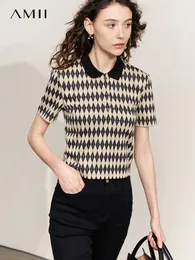여성을위한 AMII 미니멀리즘 티셔츠 여름 폴로 넥 짧은 슬리브 마름모꼴 체스 보드 탑 사무실 레이디 티셔츠 12342200 240308