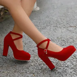 Kleid Schuhe Velours Samt Runde Kappe Rot Kreuz-riemen Frauen Pumps Frühling Braut Plattform Block High Heels Weibliche Mary janes Ferse