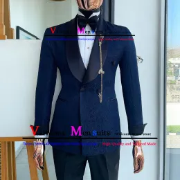 Suits TailorMade Men Suit 2 Pieces Classic Navy Blue Jacquard Wedding Suit for Men 2022 Slim Fit Groom Tuxedo Costume Mariage Homme